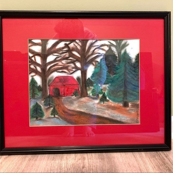 Vintage Signed Framed Chalk Art Covered Barn Landscape Picture